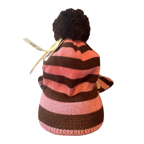 NWT RARE Y2K Paul Frank Kids Pink and Brown ‎ Striped Beanie Hat Brim Pom Pom - Picture 2 of 9